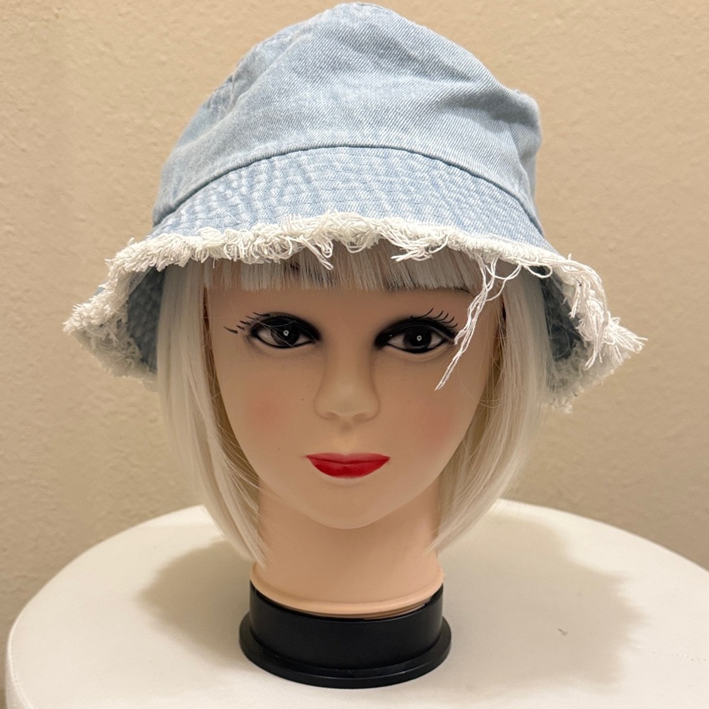 #210. Light Blue Denim Bucket Hat with Frayed Edge